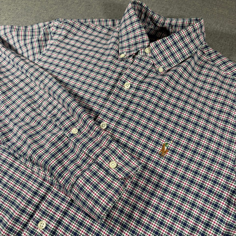 Ralph Lauren Button Down Mens Medium Navy Blue Red Plaid Long Sleeve Pony Logo